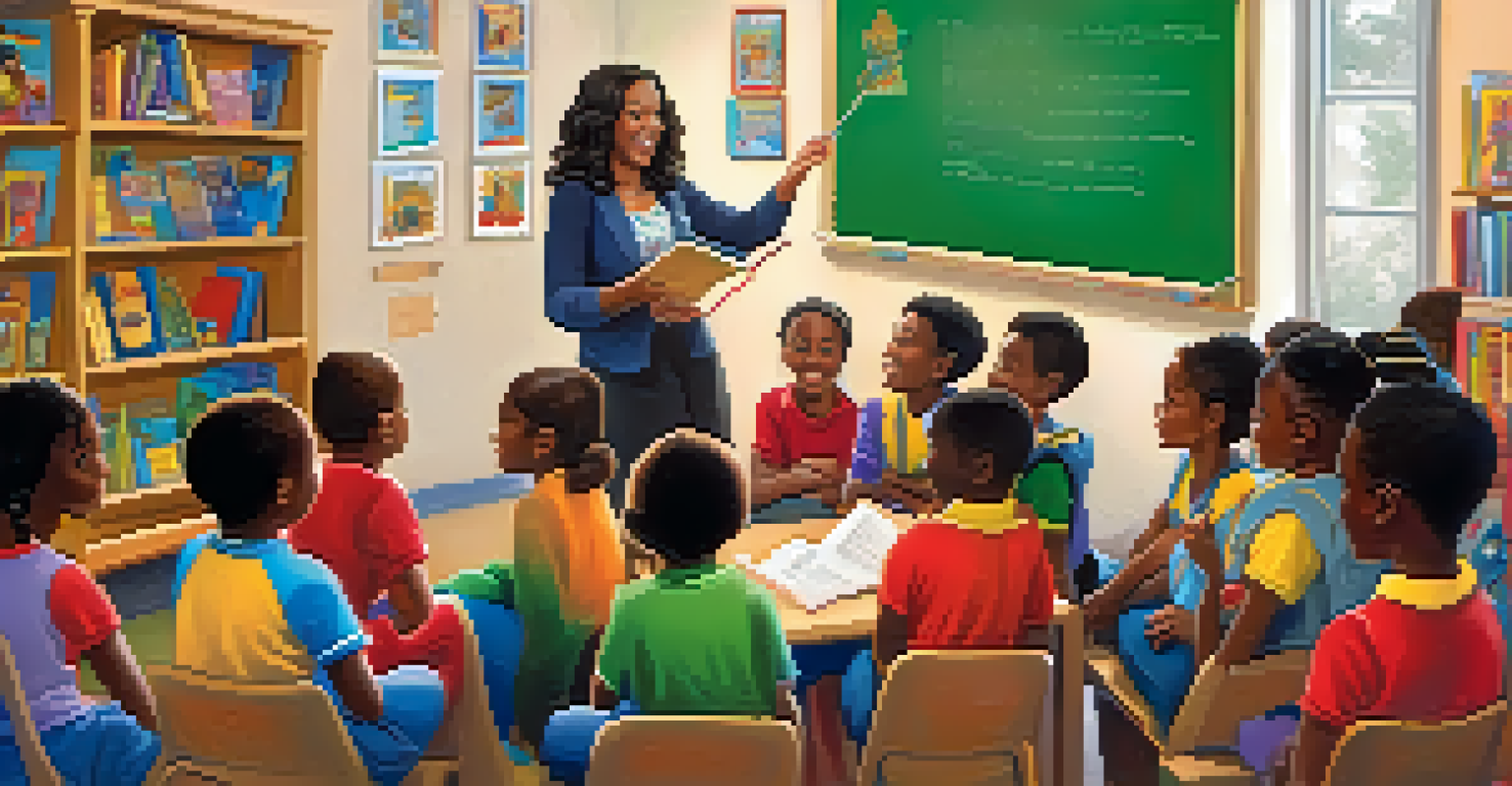 A local teacher reading to children in a colorful classroom, promoting literacy and community engagement.
