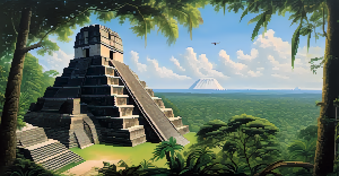 An expansive view of Tikal's ancient pyramids in Guatemala, surrounded by dense jungle and wildlife, including monkeys and toucans.