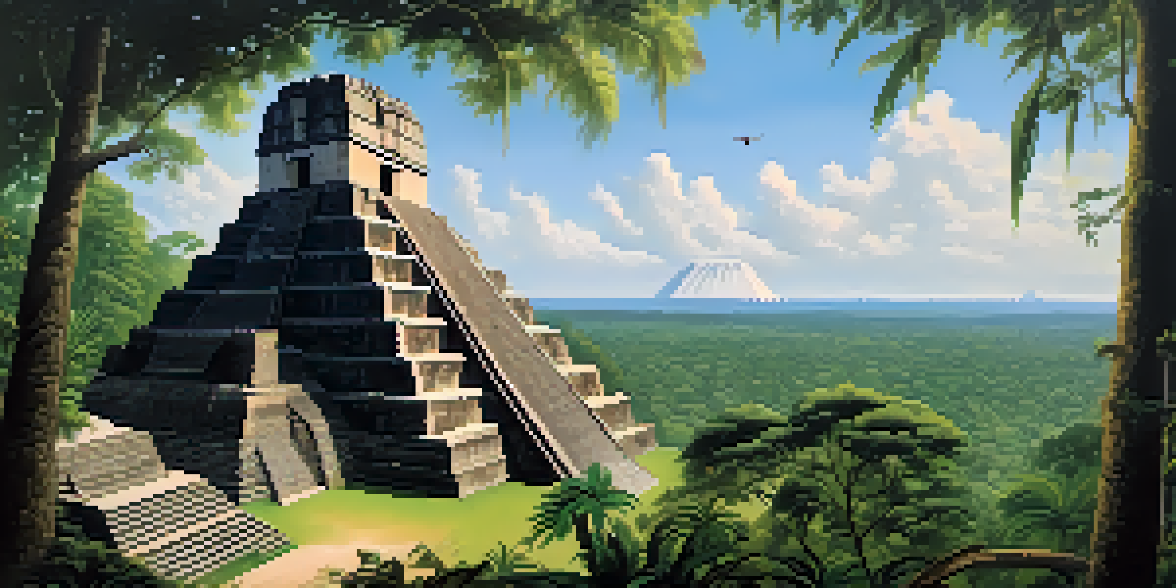 An expansive view of Tikal's ancient pyramids in Guatemala, surrounded by dense jungle and wildlife, including monkeys and toucans.