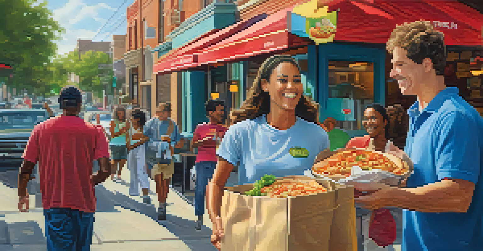 A close-up of a gourmet meal delivery from Favor, set against a colorful street scene in Austin with murals and outdoor dining.