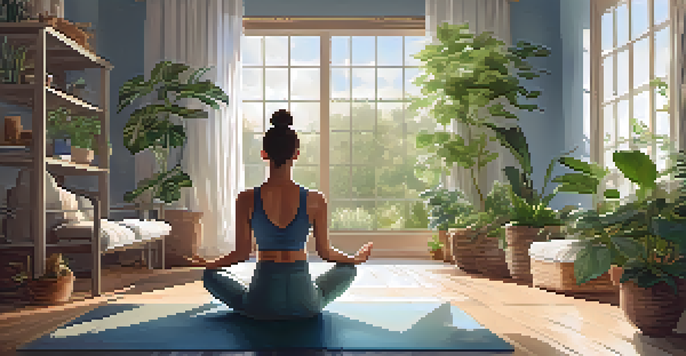 A person practicing yoga on a mat in a bright, cozy living room filled with indoor plants and soft natural light.