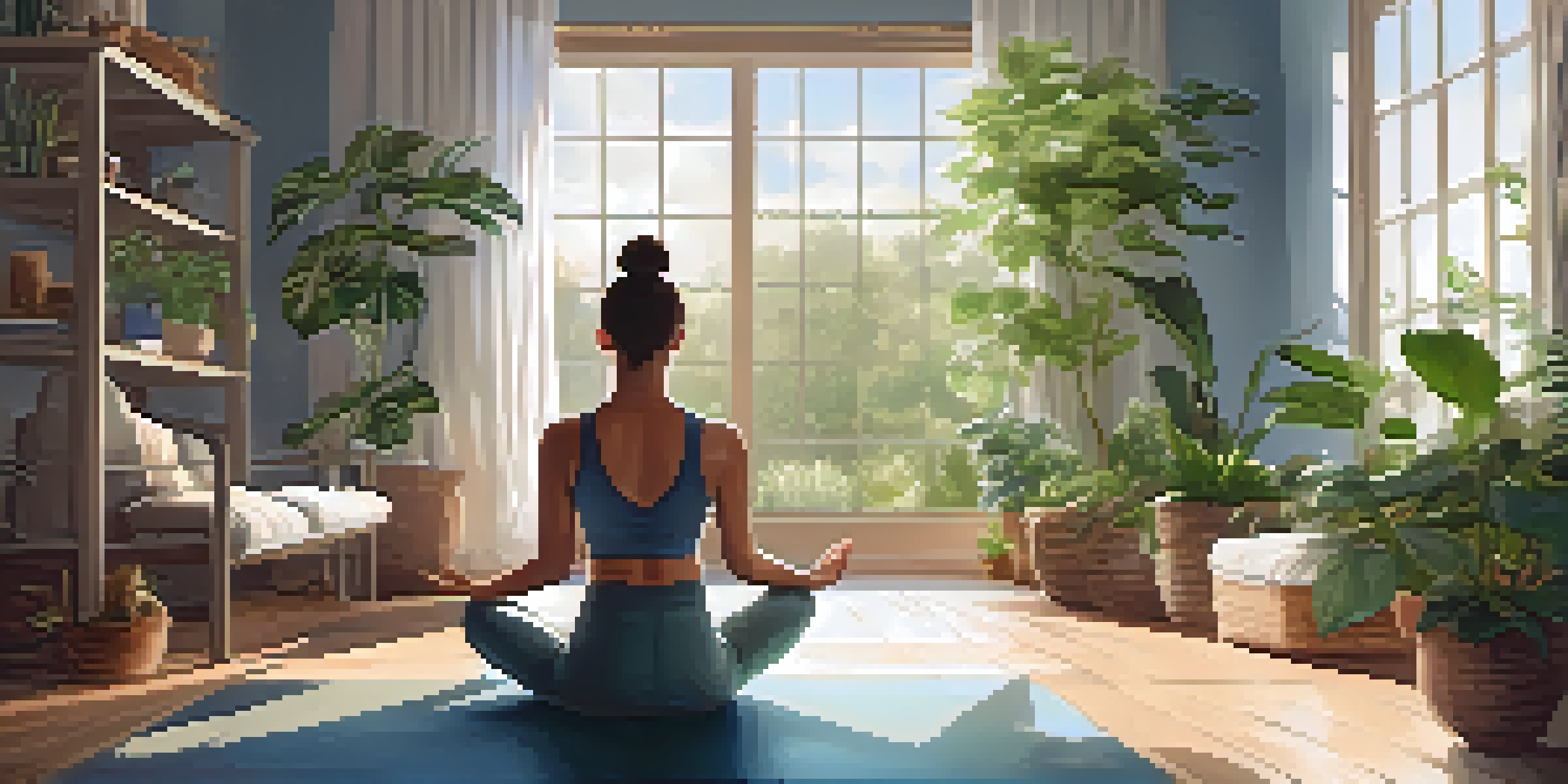 A person practicing yoga on a mat in a bright, cozy living room filled with indoor plants and soft natural light.