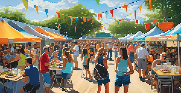 An outdoor culinary festival in Austin with food trucks, colorful dishes, and attendees enjoying their meals surrounded by greenery and musicians.
