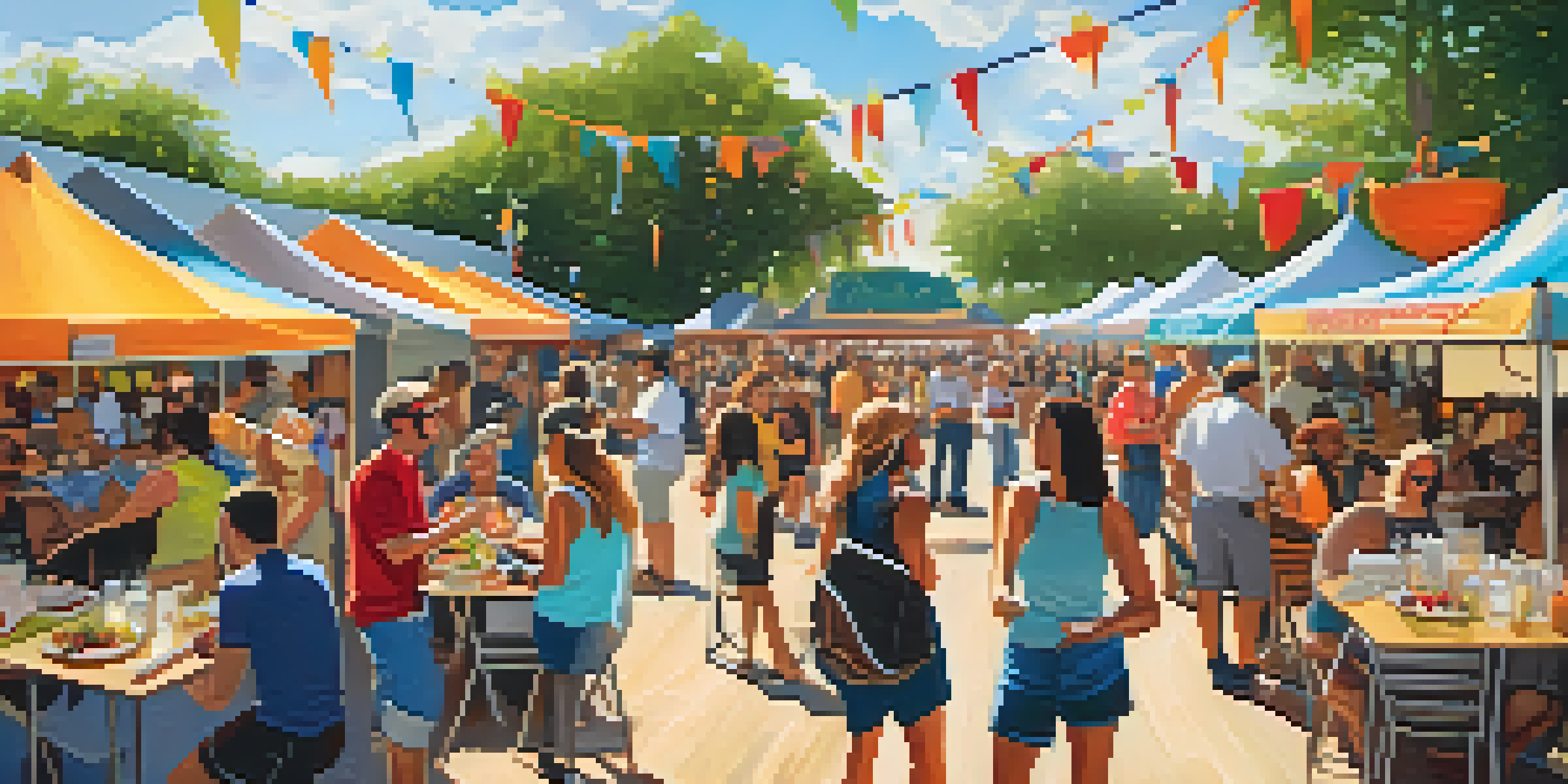 An outdoor culinary festival in Austin with food trucks, colorful dishes, and attendees enjoying their meals surrounded by greenery and musicians.