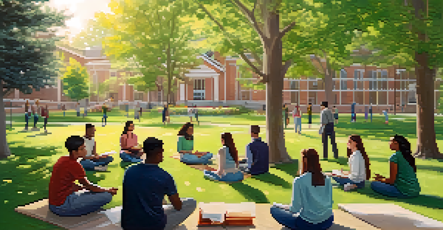 Students participating in a wellness workshop outdoors on a university campus during spring.