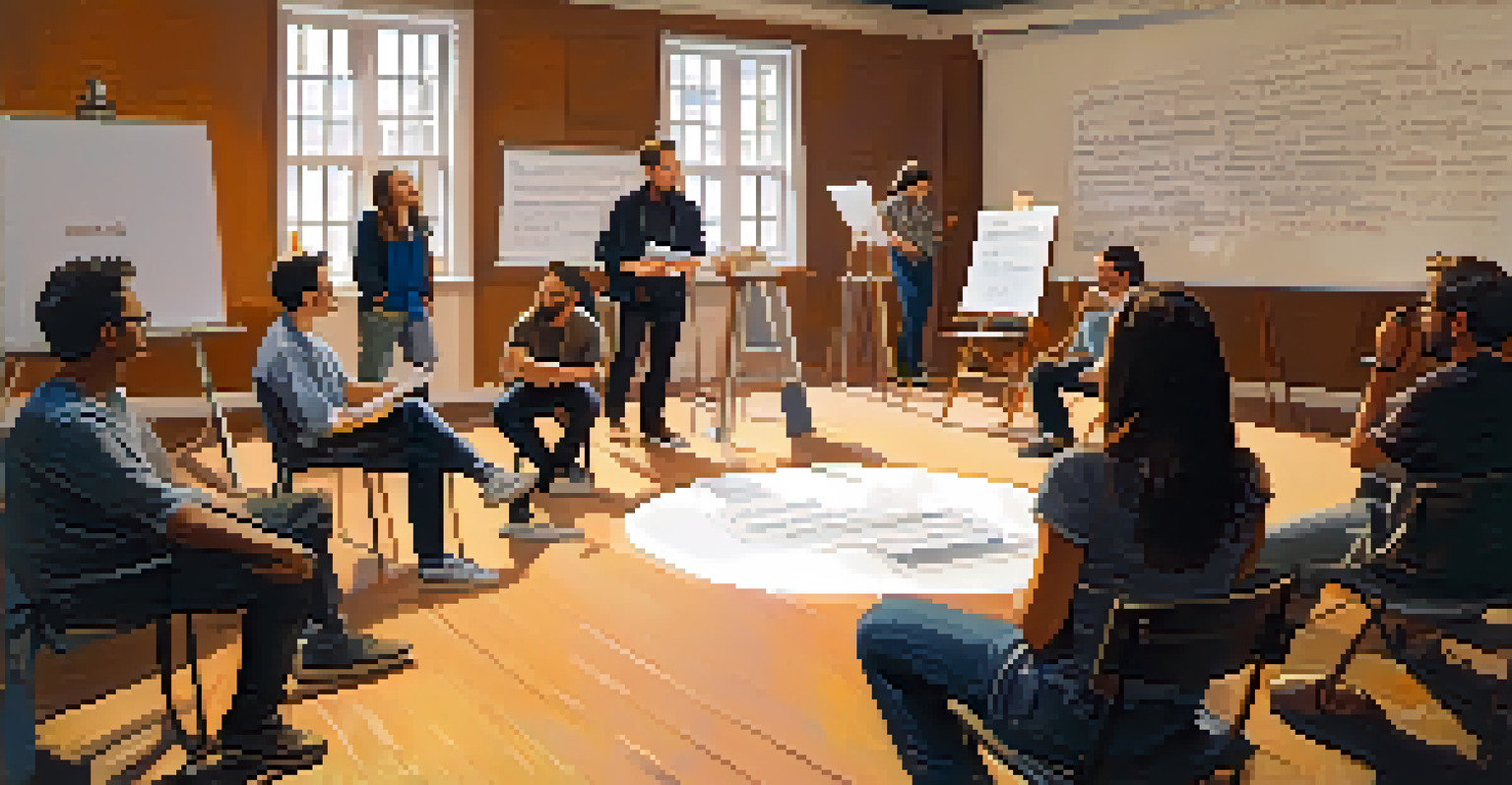 An intimate workshop at a film festival where a mentor discusses scriptwriting with aspiring filmmakers in a well-lit room.