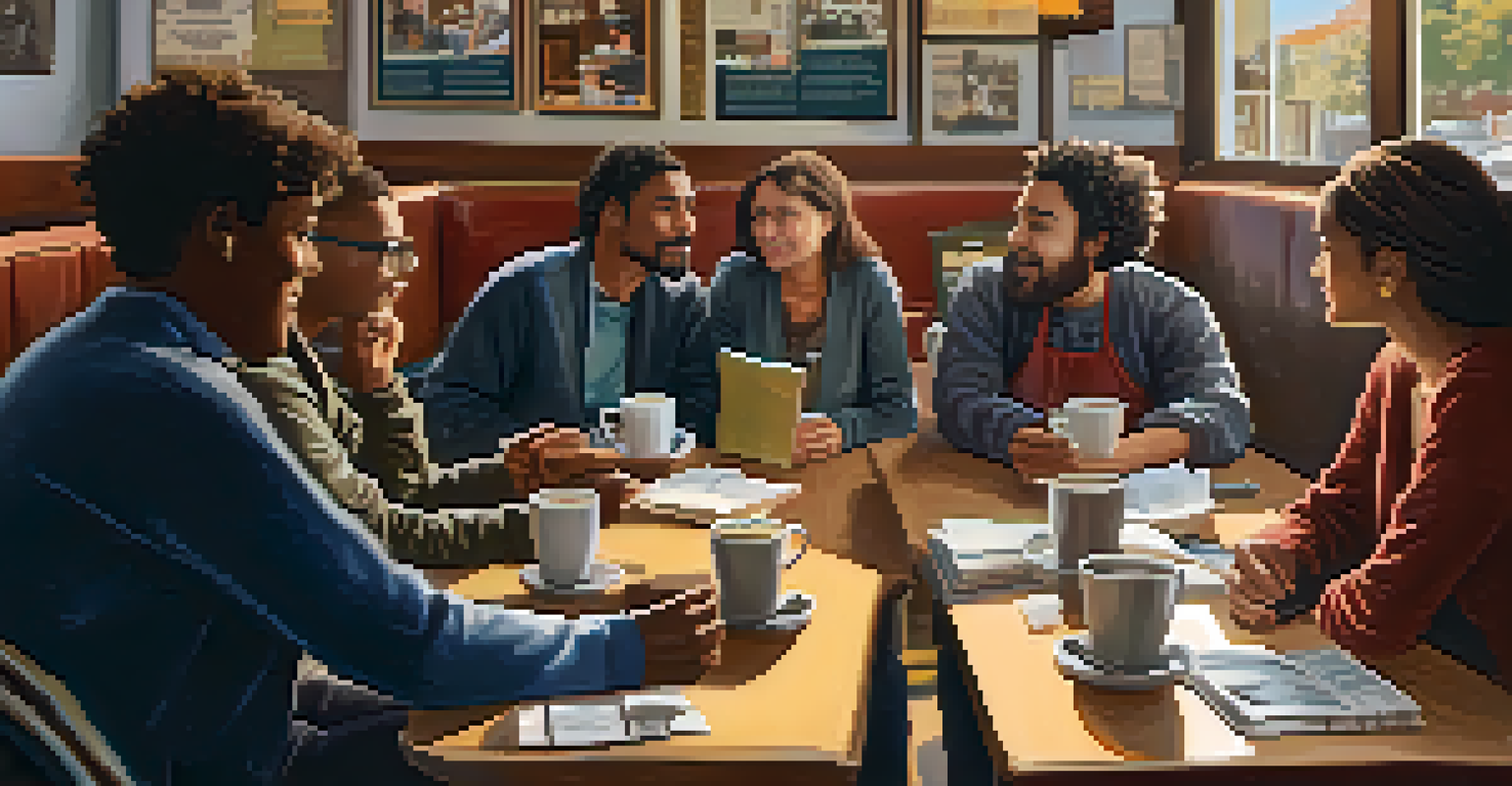 A small group of residents discussing local advocacy in a cozy coffee shop, with coffee cups and notebooks on the table, showcasing a sense of community.