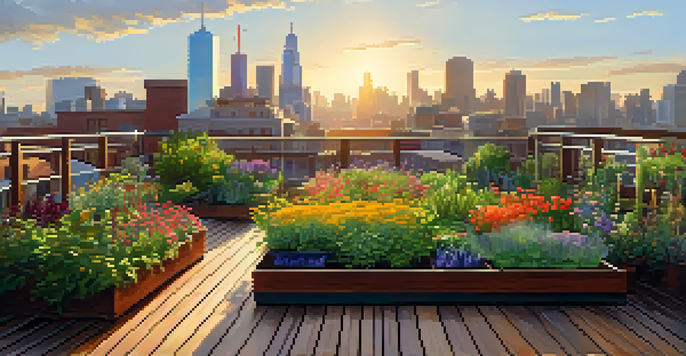 A rooftop garden with colorful flowers, herbs, and vegetables surrounded by a modern city skyline under warm afternoon sunlight.