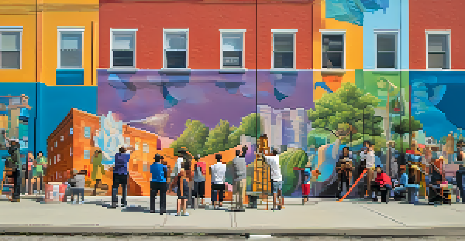 Local artists painting a community mural, showcasing historical figures and vibrant colors.