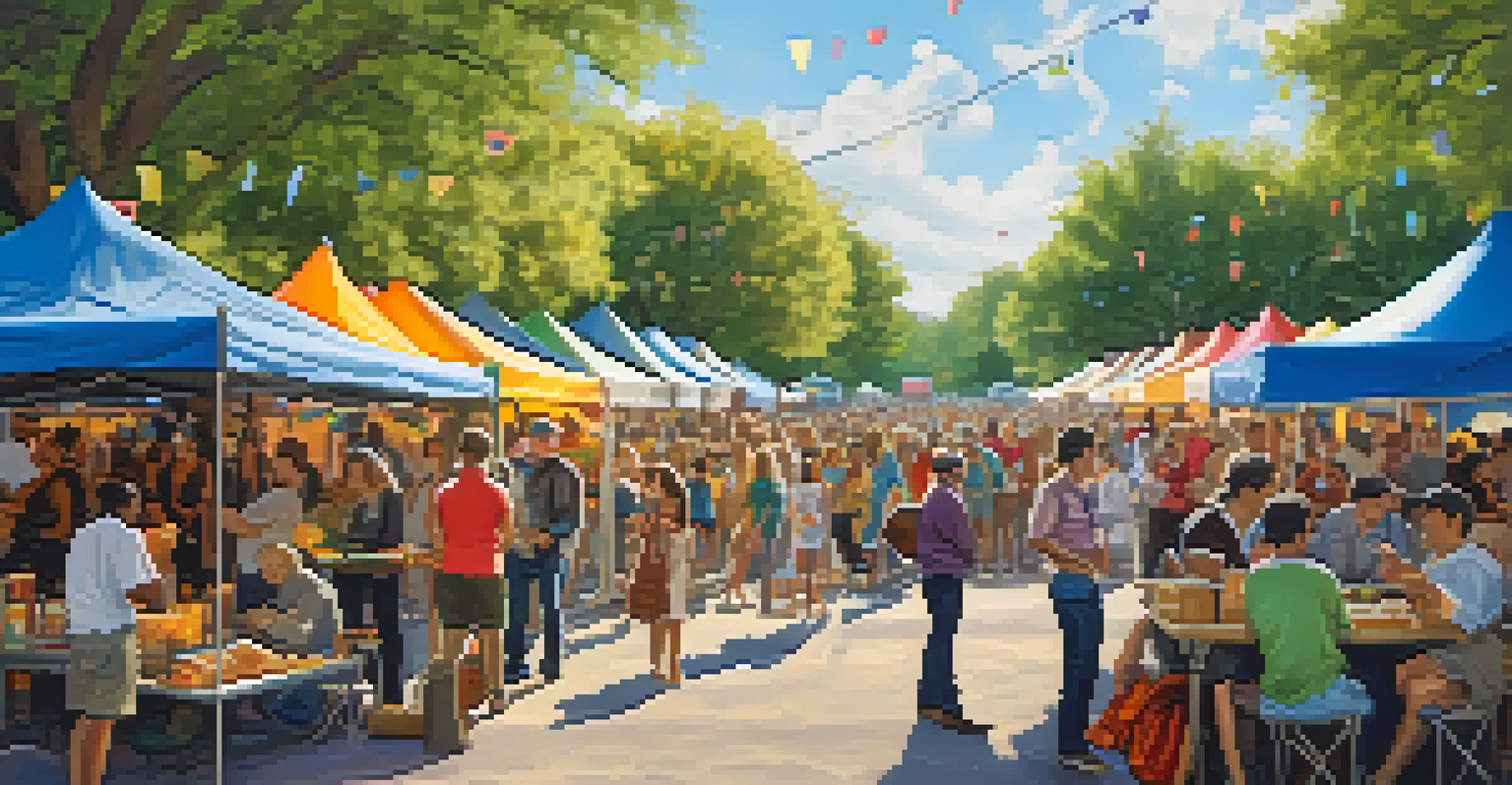 An outdoor festival in Austin with artisan stalls, musicians playing, and a lively crowd enjoying food and art under colorful banners.