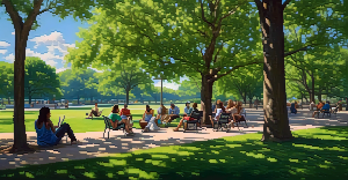 A diverse group of people sitting in a sunlit park in Austin, engaged in conversation, surrounded by trees and a clear blue sky.