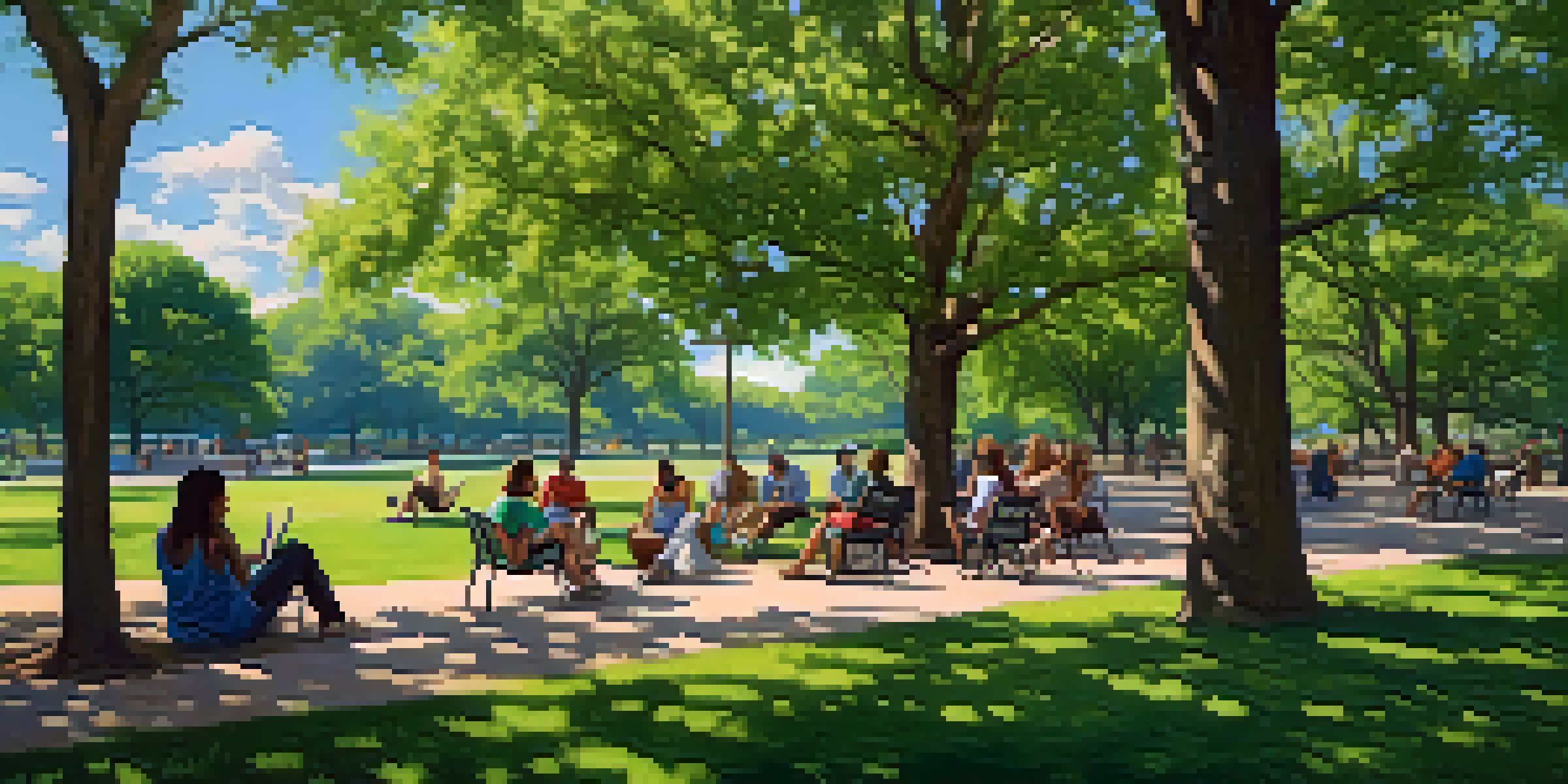 A diverse group of people sitting in a sunlit park in Austin, engaged in conversation, surrounded by trees and a clear blue sky.