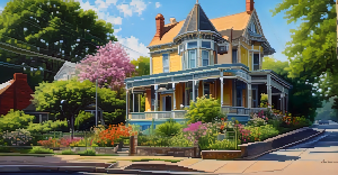 A colorful street view of a historic Victorian house in Austin, surrounded by wildflowers and greenery under a blue sky.
