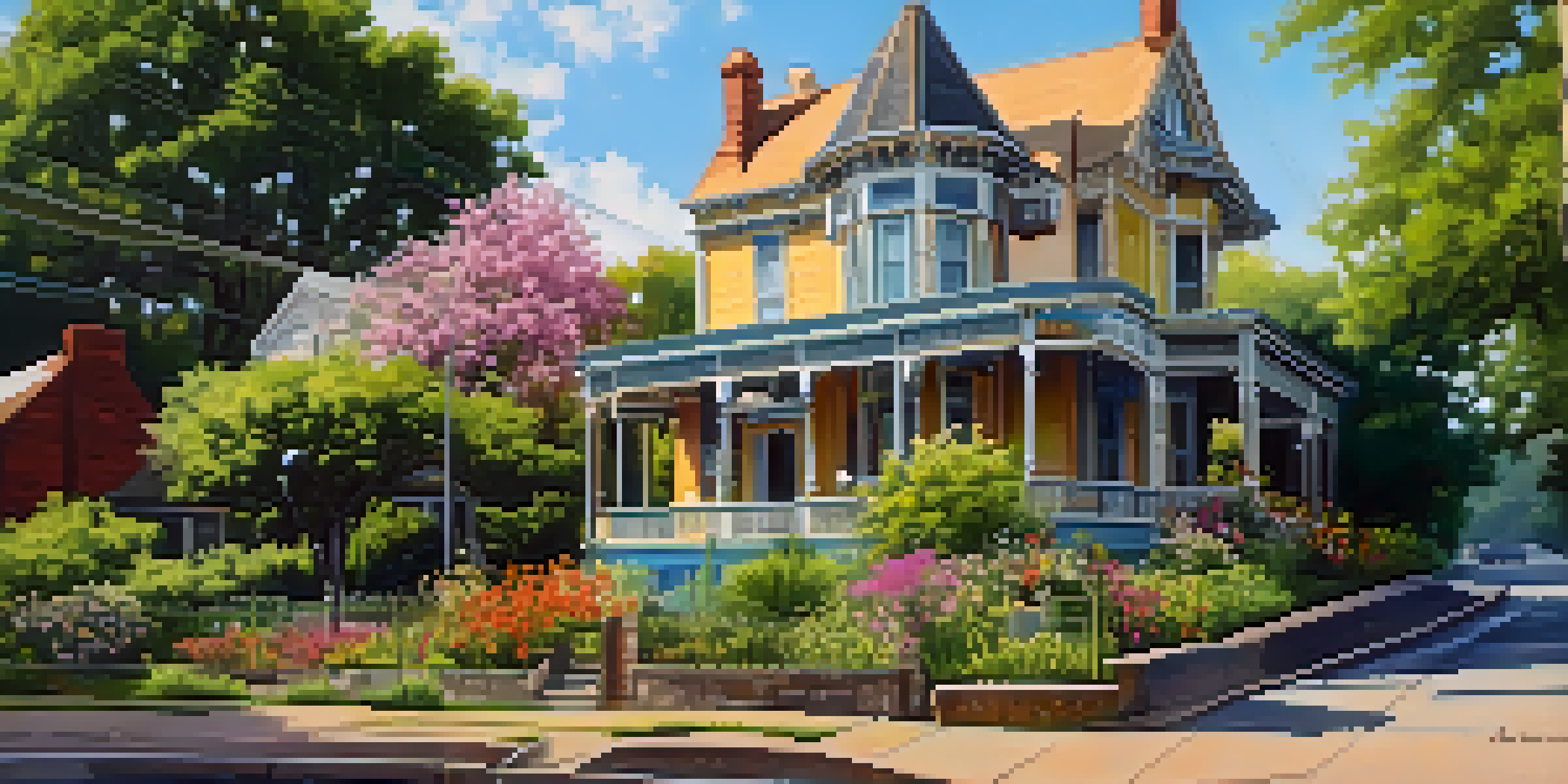 A colorful street view of a historic Victorian house in Austin, surrounded by wildflowers and greenery under a blue sky.