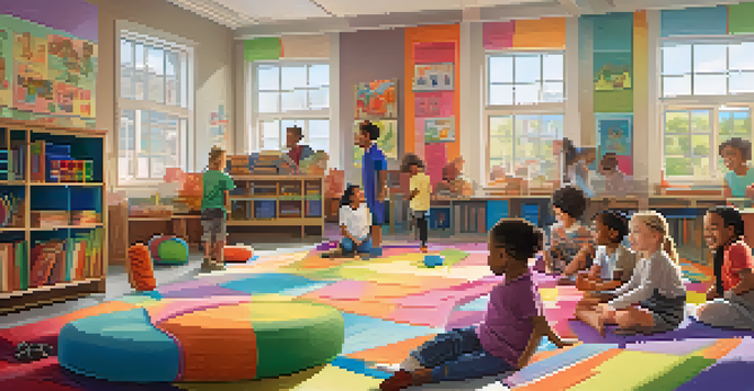 A lively classroom filled with children of various backgrounds participating in playful learning activities, surrounded by colorful educational materials and bright sunlight.