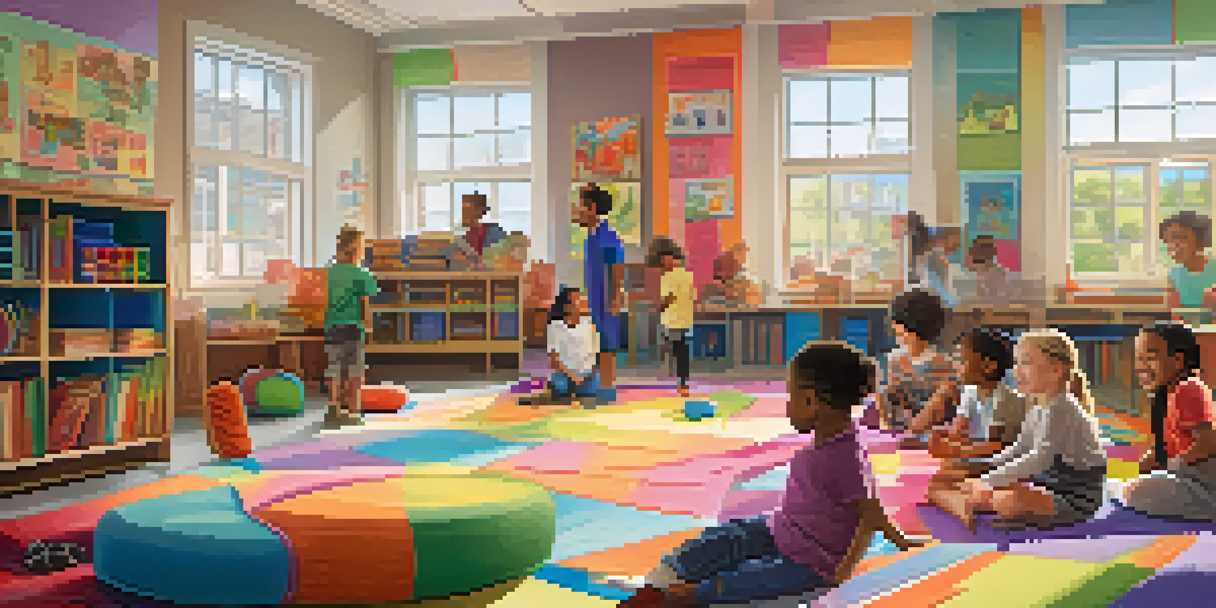 A lively classroom filled with children of various backgrounds participating in playful learning activities, surrounded by colorful educational materials and bright sunlight.