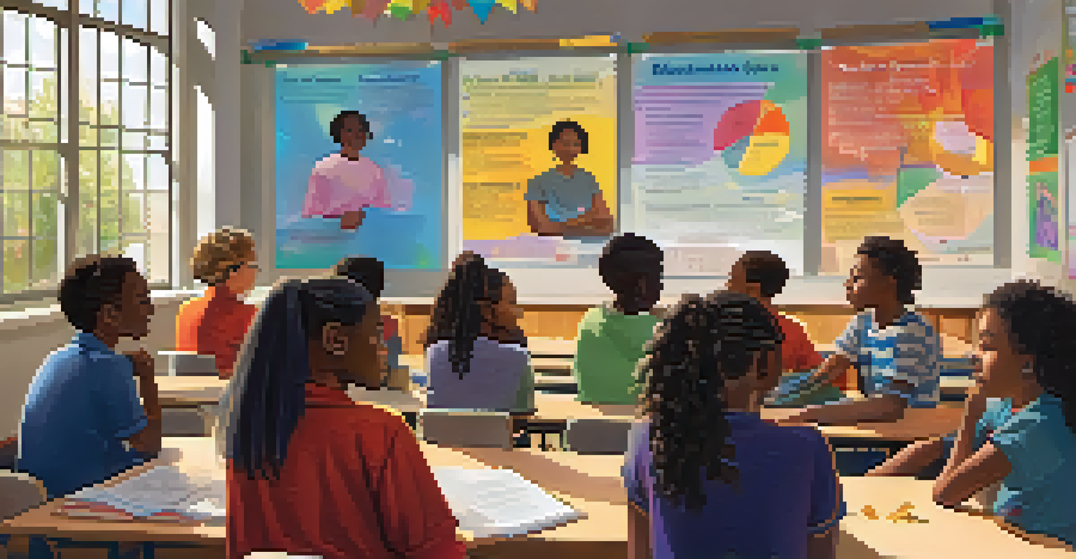A classroom filled with diverse students attentively listening to a teacher about substance use prevention, decorated with colorful educational posters.
