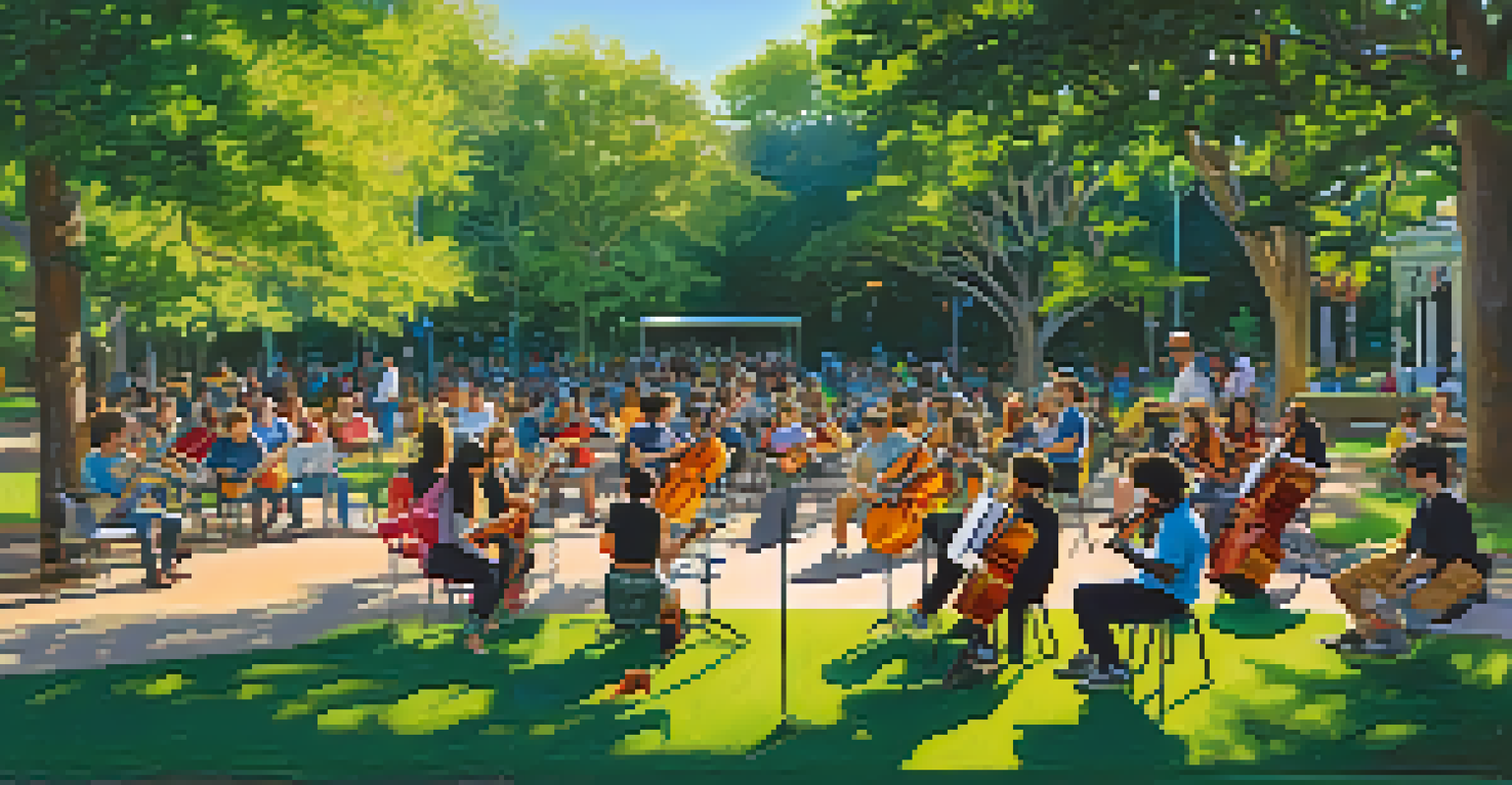 A lively outdoor music program in Austin featuring young musicians playing instruments in a sunny park setting.