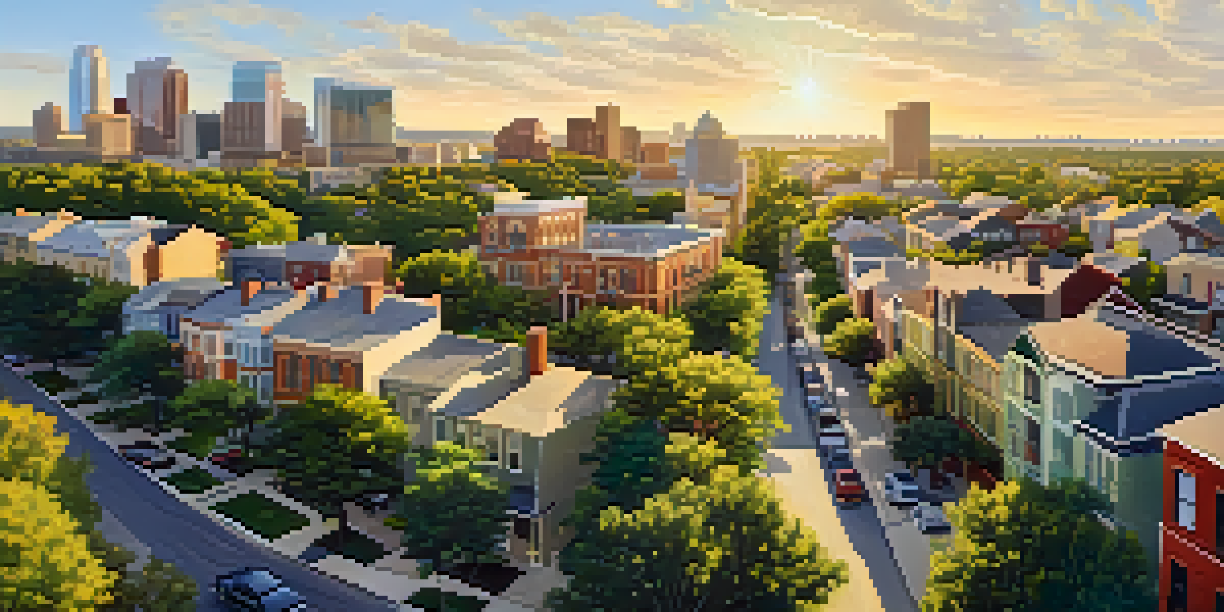 A wide view of an Austin neighborhood with mixed residential and commercial buildings, green parks, and trees under warm golden sunlight.