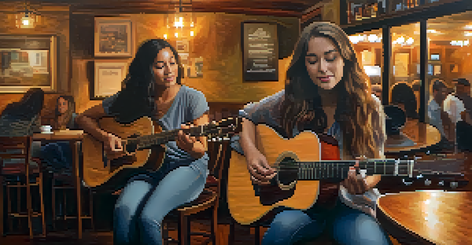 A singer-songwriter performing in a cozy coffee shop, with warm lighting and wooden furniture, while an audience listens intently.