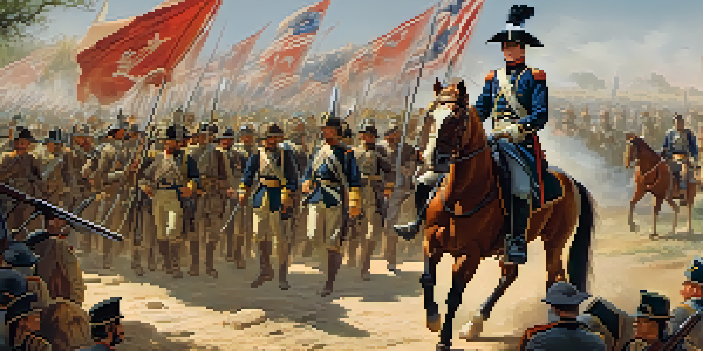 A historical depiction of Edward Burleson leading Texian soldiers in military attire during the Siege of Bexar, with a rustic fort in the background.