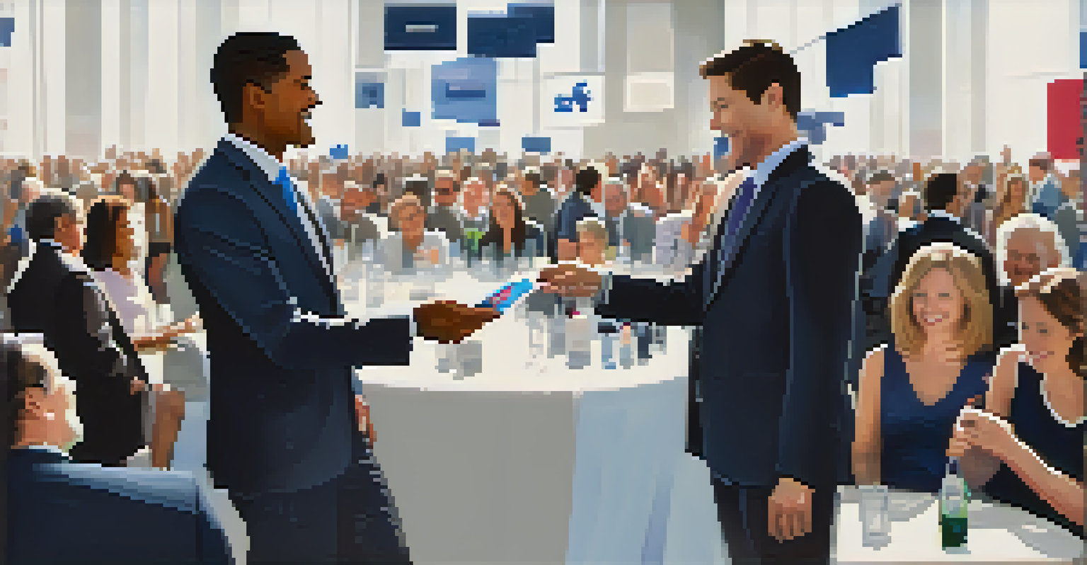 A close-up of two people exchanging a business card at a networking event, with blurred figures in the background.