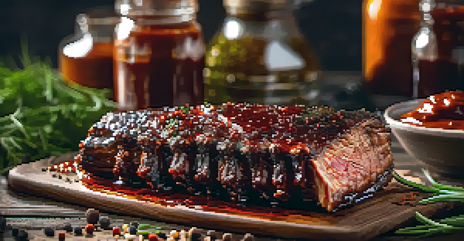 A close-up view of a smoked rib coated in barbecue sauce on a wooden board, with sauces and herbs in the background.