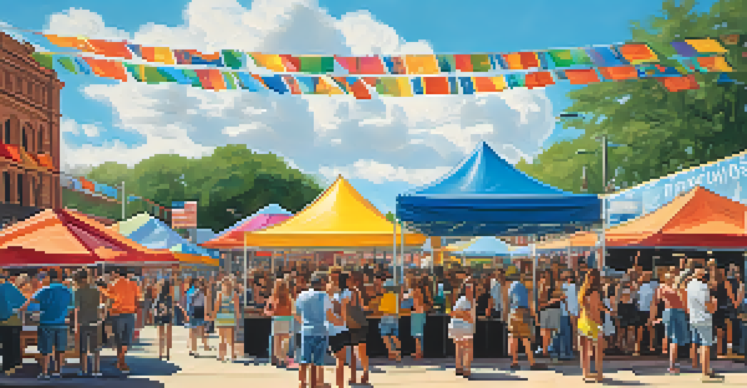A lively outdoor festival in Austin with people enjoying music, colorful banners, and food stalls under a clear blue sky.