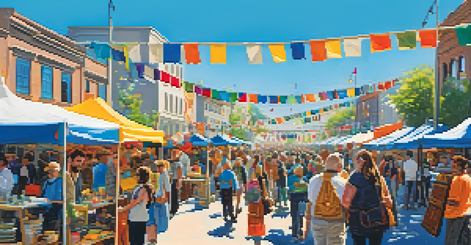 A busy outdoor art fair with various stalls showcasing local artwork and people interacting in a bright and cheerful environment.