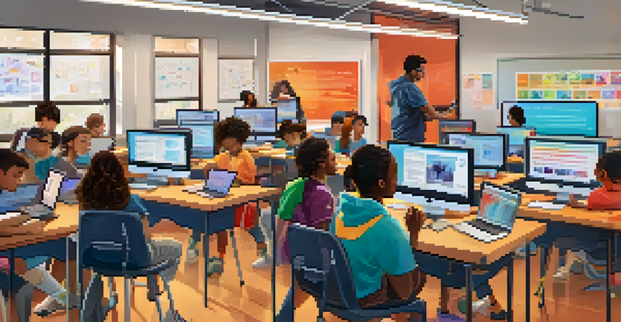 A classroom filled with diverse students participating in a coding workshop, with a teacher guiding them.