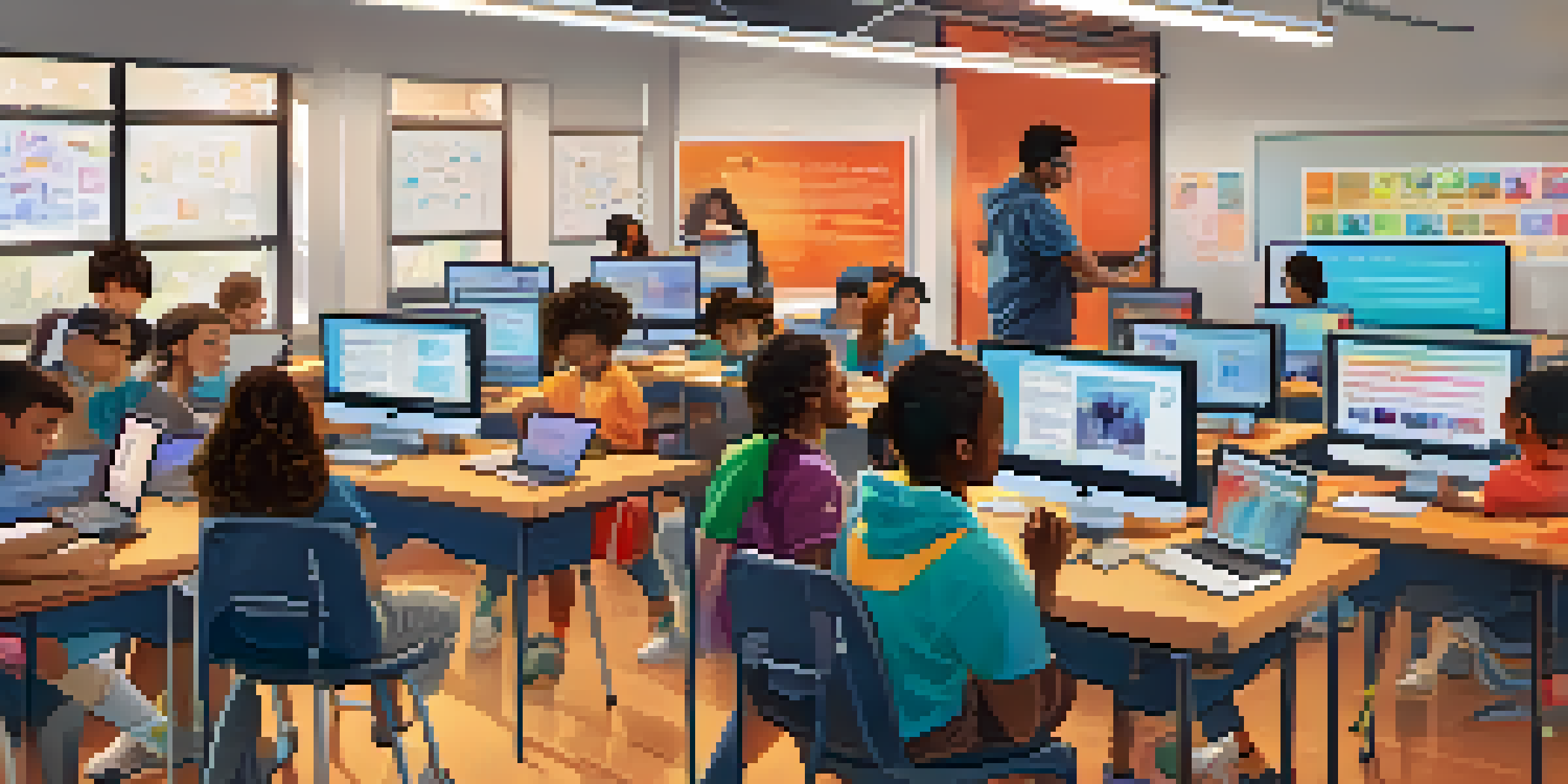A classroom filled with diverse students participating in a coding workshop, with a teacher guiding them.