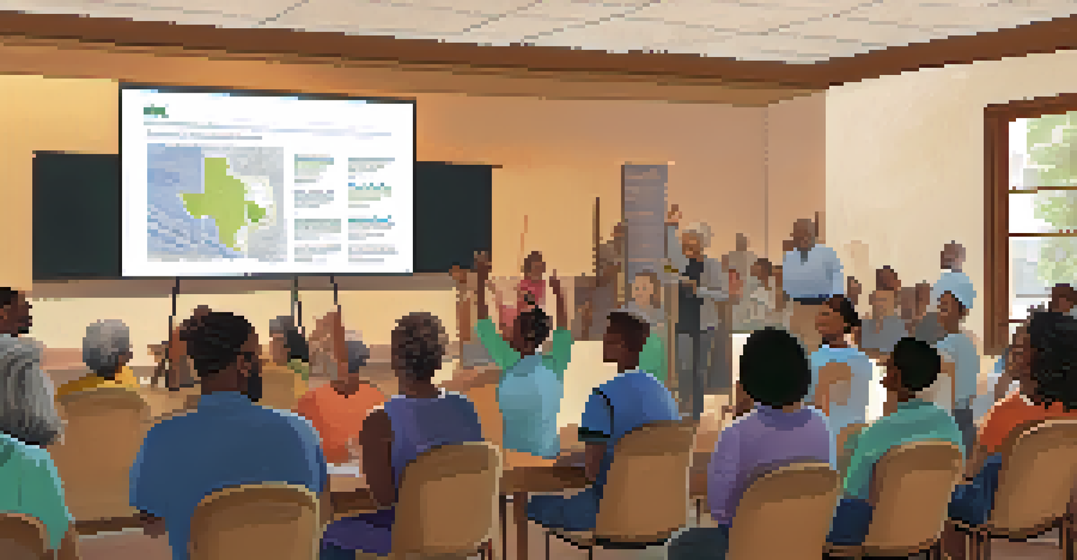 A community meeting in Austin with residents interacting with local officials, discussing development plans.