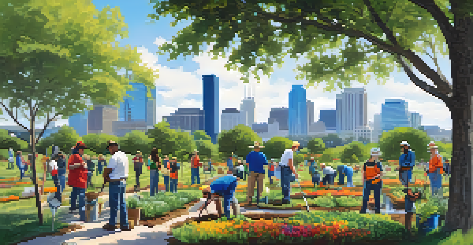 Volunteers planting trees in an urban park with wildflowers and a city skyline in the background under a sunny blue sky.