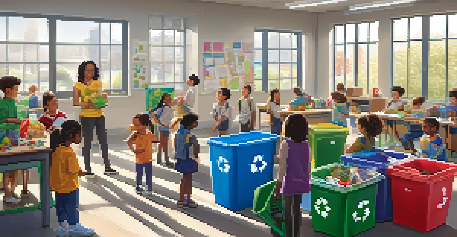 Students sorting recyclable materials in a lively classroom during a recycling competition.