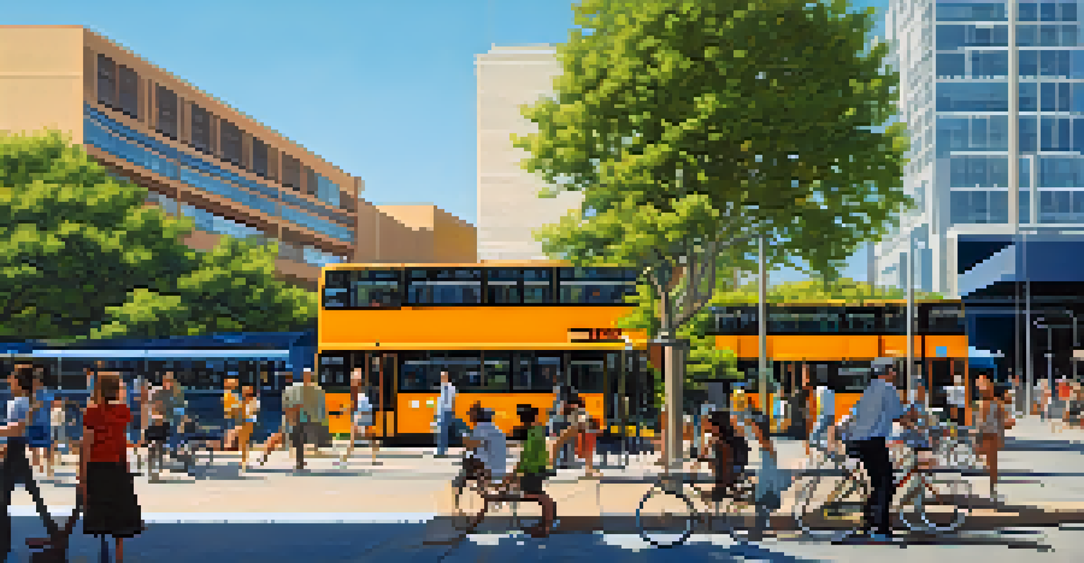 A public transportation hub with a modern bus and light rail train, where people are biking and walking amidst greenery and sustainable buildings.