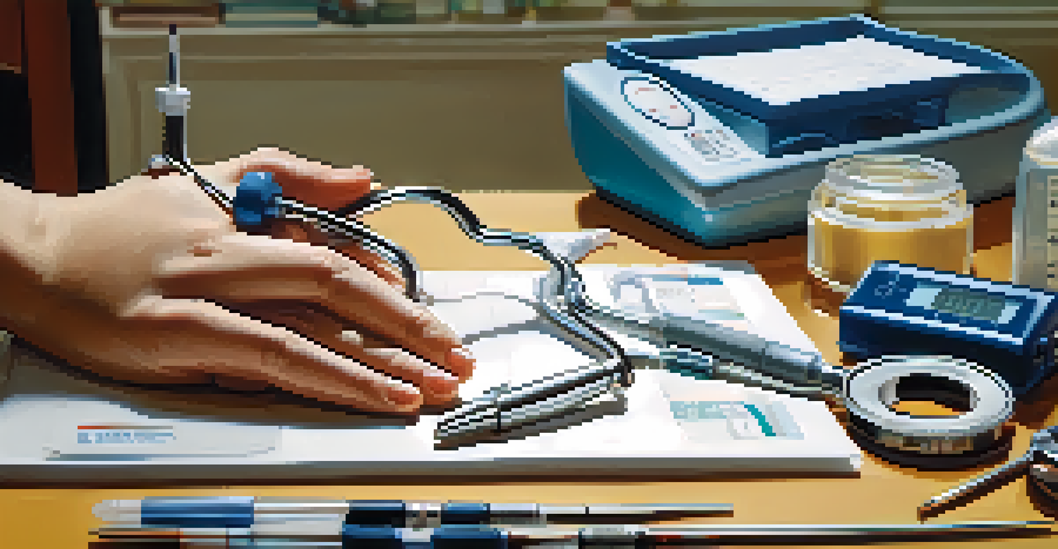 A close-up of hands preparing health screening tools, including a blood pressure monitor and glucose meter, on a clinic table.