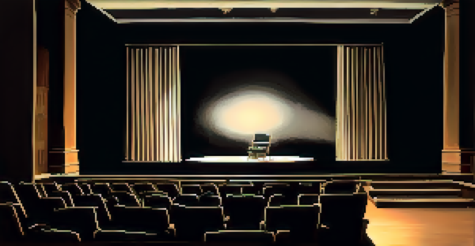 An intimate black box theater with a spotlight on a small stage and an engaged audience in warm lighting contrasted by shadows.