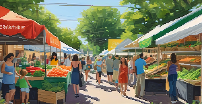 A bustling market in Austin featuring local businesses selling organic produce and handmade items, with customers interacting in a sunny and cheerful environment.