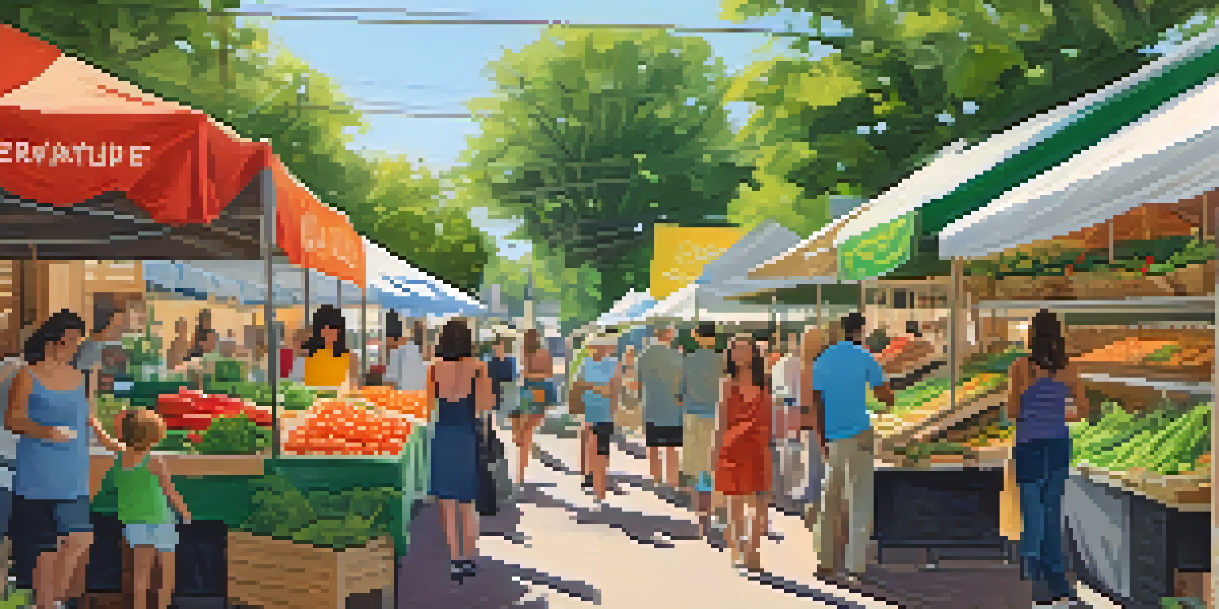 A bustling market in Austin featuring local businesses selling organic produce and handmade items, with customers interacting in a sunny and cheerful environment.