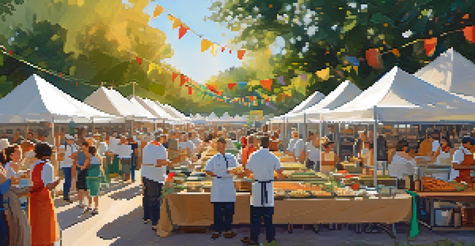 An outdoor culinary competition in Austin with chefs cooking at various food stations and colorful tents, under warm sunlight.