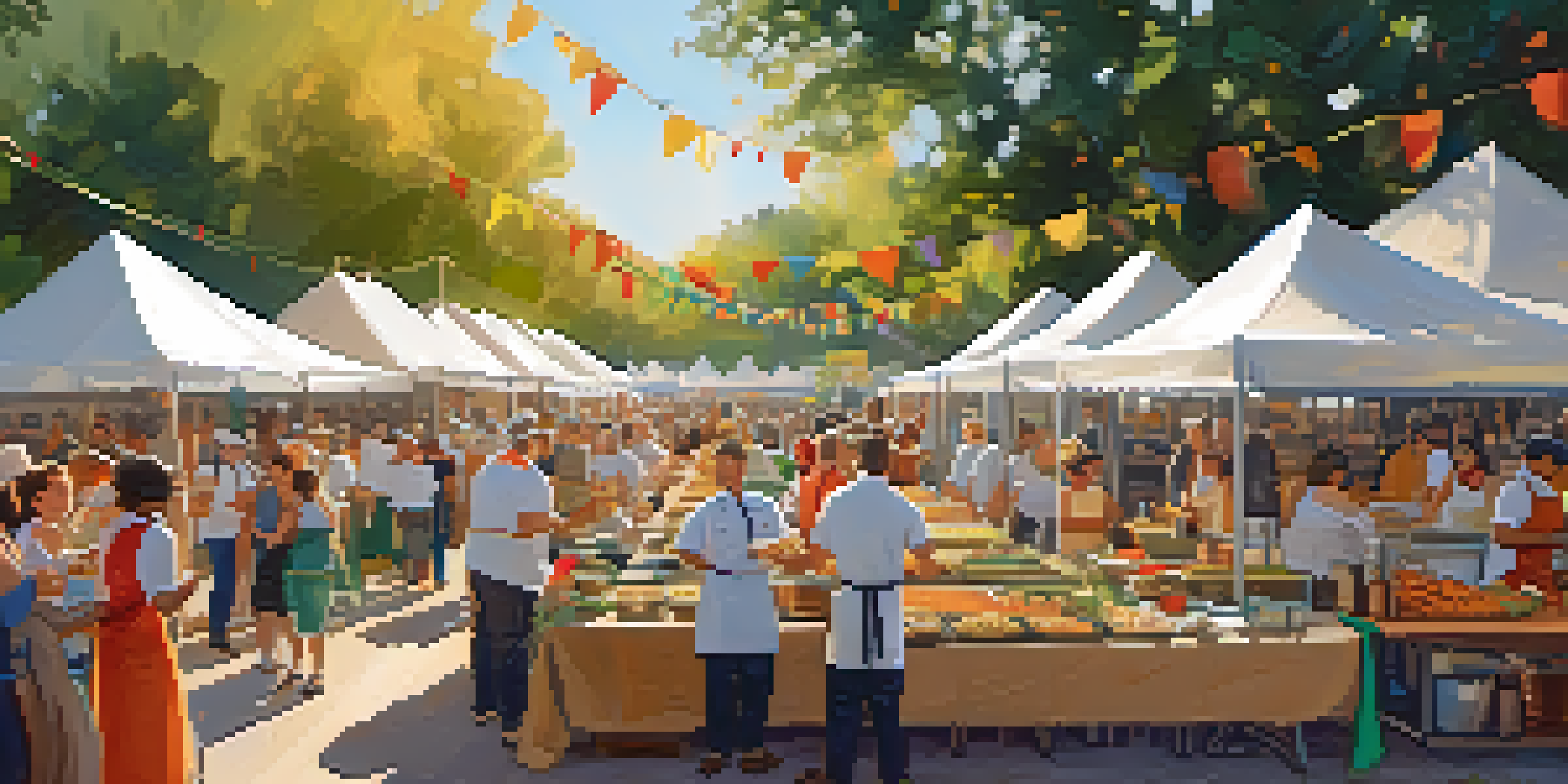 An outdoor culinary competition in Austin with chefs cooking at various food stations and colorful tents, under warm sunlight.