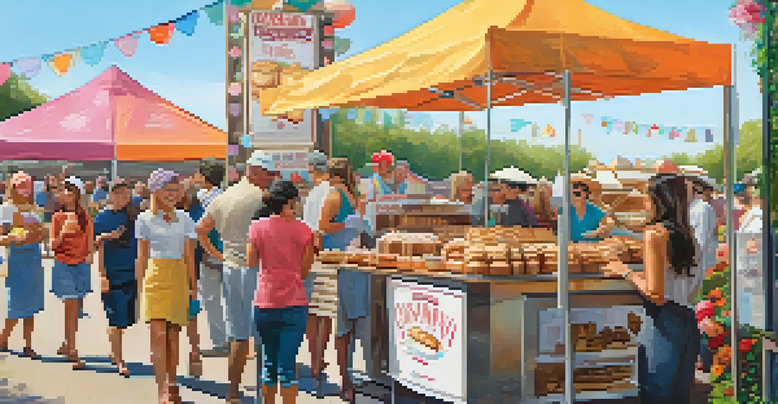 A themed food pairing booth at a festival, featuring a local bakery and coffee shop showcasing their products, with attendees sampling fresh baked goods and coffee.