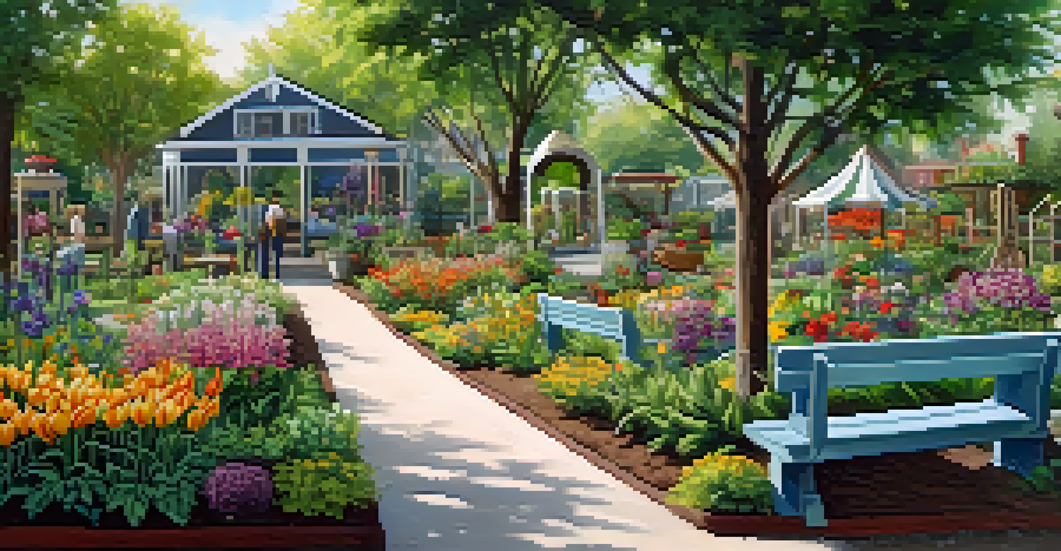A community garden featuring artistic benches and sculptures, with people enjoying the peaceful environment.