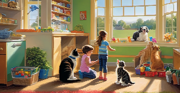 A family interacting with a puppy and a kitten at an animal shelter, with sunlight shining in and bright colors around them.