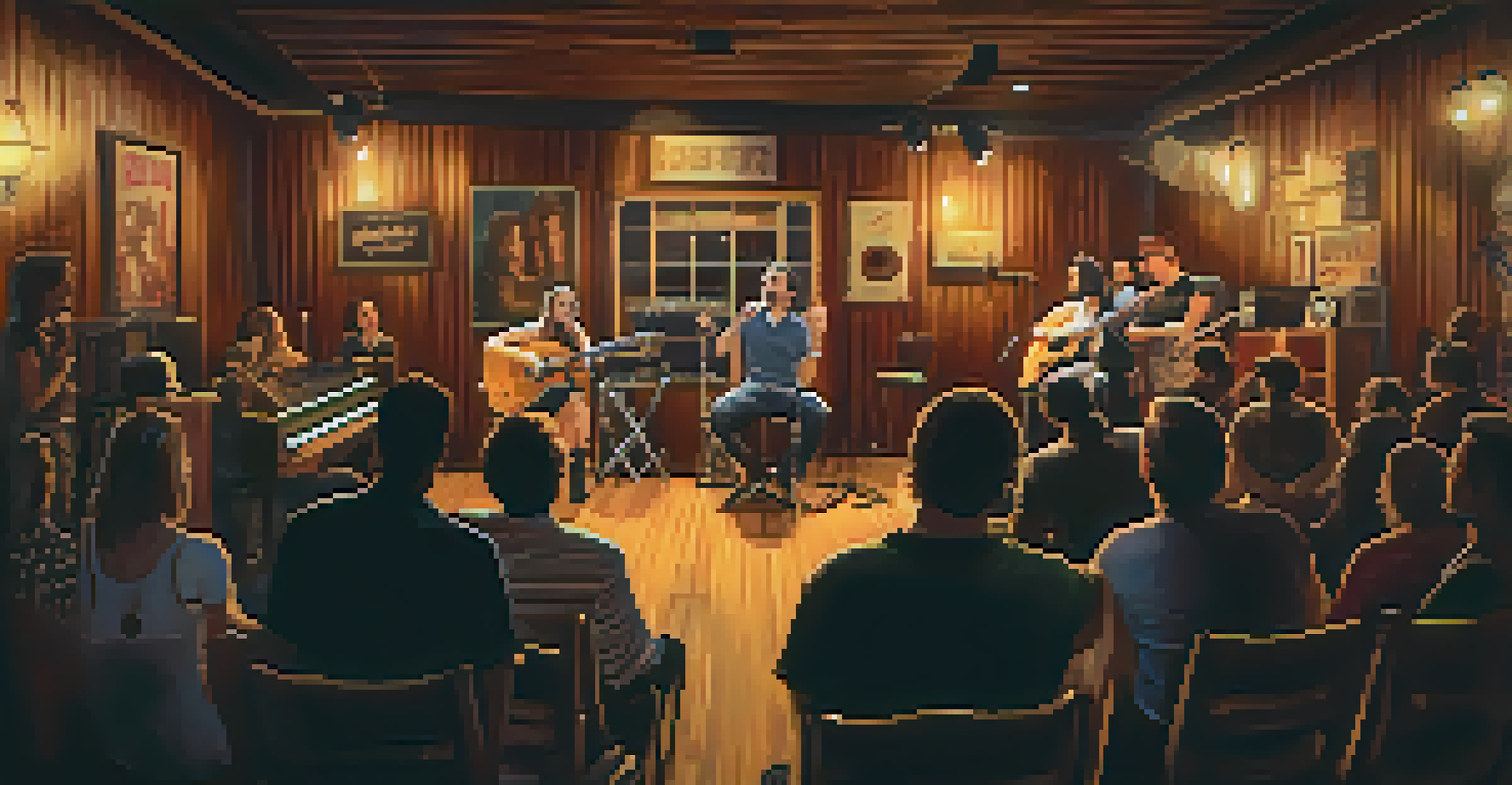 An intimate local music venue in Austin with a singer-songwriter performing on stage, warm lighting, and a captivated audience.