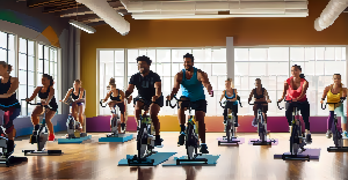 A diverse group of individuals participating in a high-energy spin class in a bright urban gym, with an enthusiastic instructor leading the session.