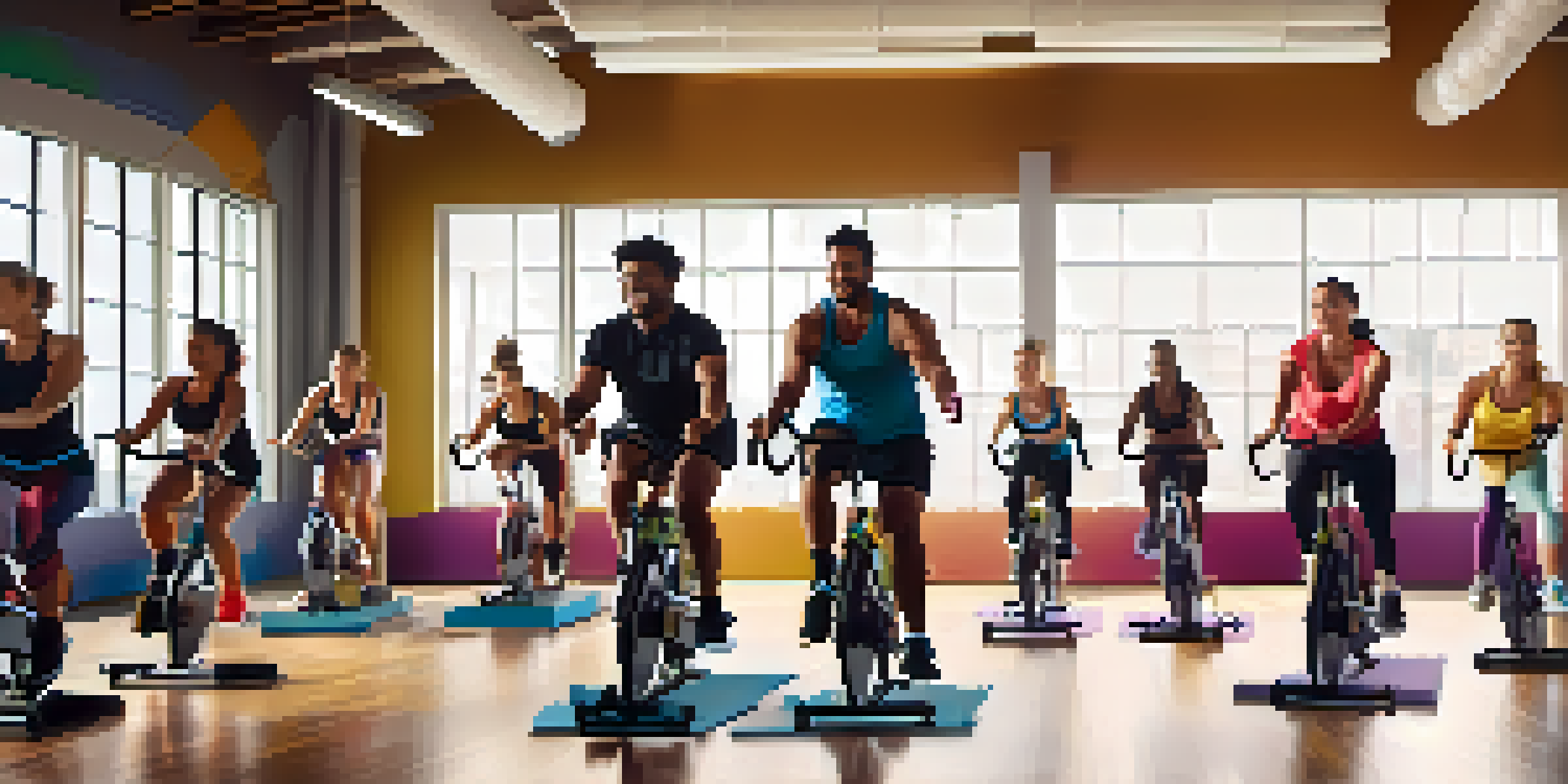 A diverse group of individuals participating in a high-energy spin class in a bright urban gym, with an enthusiastic instructor leading the session.