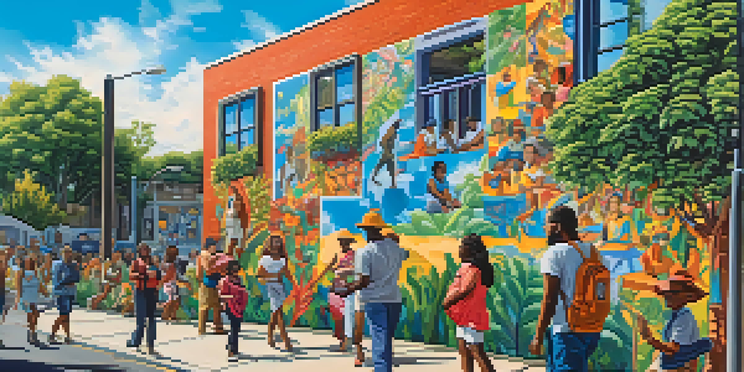 A colorful mural in an urban setting, illustrating a diverse community engaged in activities against a backdrop of greenery and blue sky.