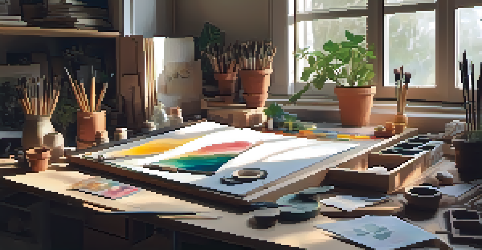 A creative workspace featuring sustainable art supplies and natural light, emphasizing eco-friendly practices.