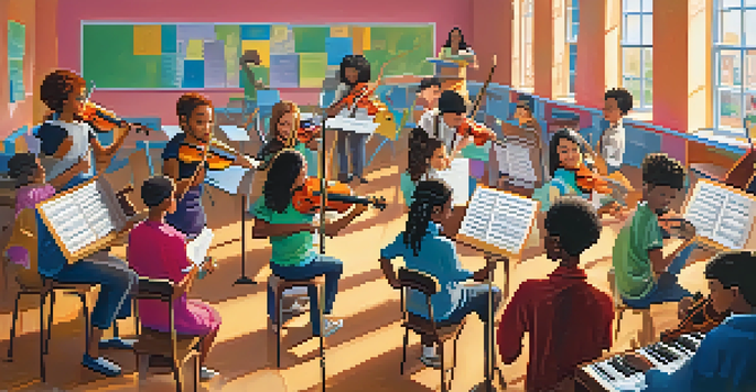 A lively music classroom with diverse students playing instruments and a teacher guiding them.